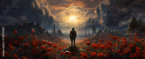 Remembrance day, soldier and poppies, digital art, printable illustration photo