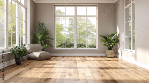 Bright empty room with hardwood floors, large windows, and green plants in pots photo