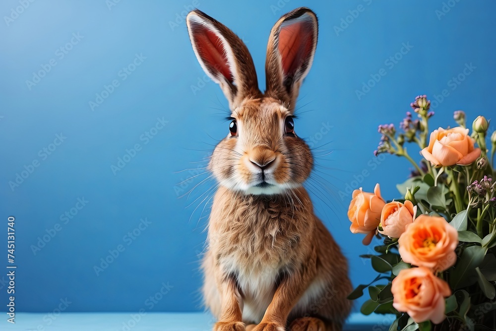 Easter greeting card, fluffy rabbit with flowers on blue background Easter greeting card, fluffy rabbit with flowers on blue background