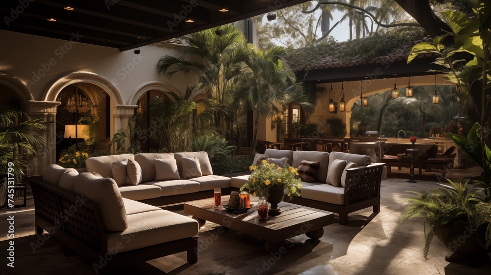 An outdoor sanctuary with warm sand and deep mahogany patio furniture