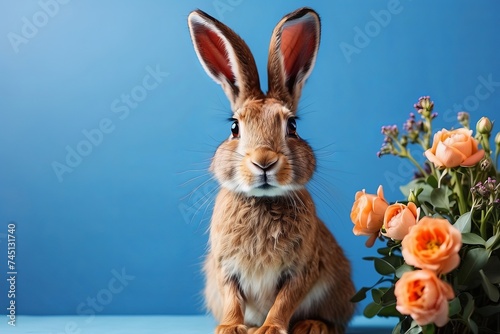 Easter greeting card, fluffy rabbit with flowers on blue background photo