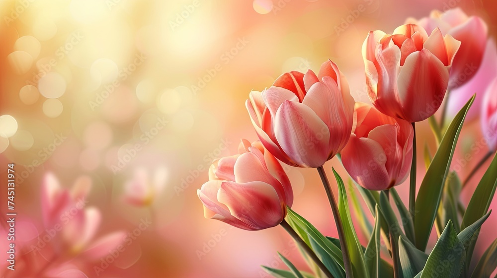 Greeting card with beautiful tulips and sun lights, copy space