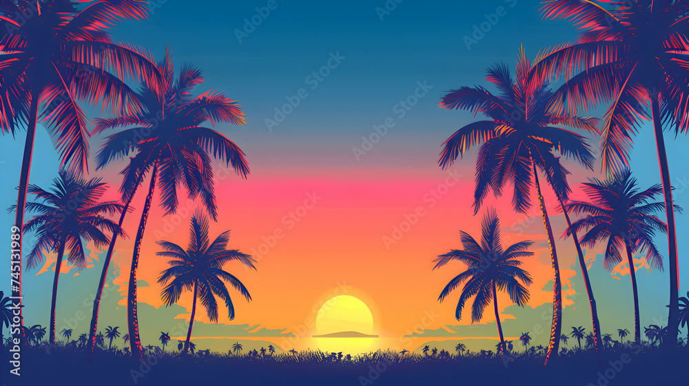 A panoramic view of a golden sunset behind swaying palm trees against a gradient blue sky, evoking a nostalgic summer vibe