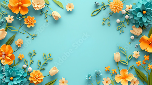 Flowers on blue background with copy space. Abstract natural floral frame layout. Wedding invitation. International Women day, Mother Day concept