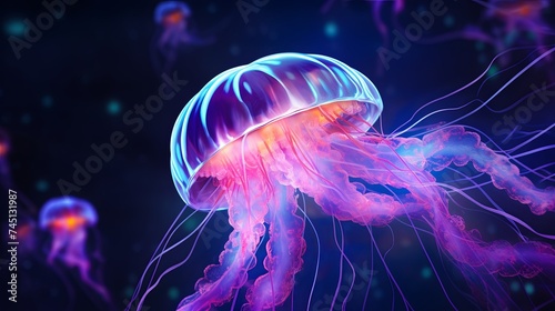 neon jellyfish on the ocean floor, Marine life © Nastya
