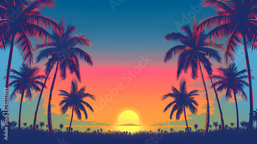A panoramic view of a golden sunset behind swaying palm trees against a gradient blue sky  evoking a nostalgic summer vibe