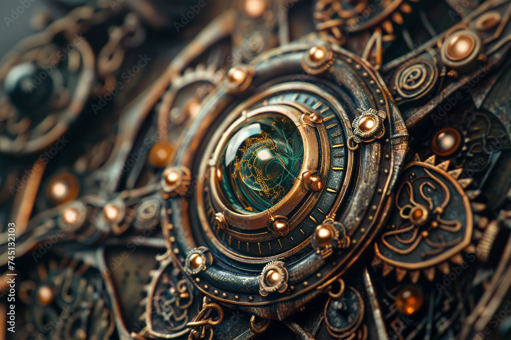 A close up on a steampunk wizards intricate amulet each gear and cog imbued with ancient magic ready to unleash its power - obrazy, fototapety, plakaty 