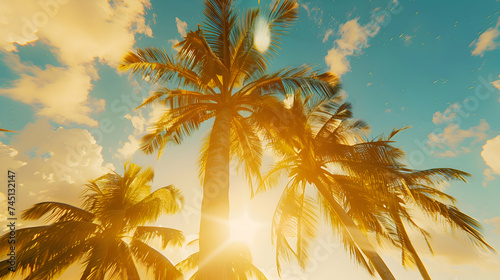 Fototapeta Naklejka Na Ścianę i Meble -  A panoramic view of a golden sunset behind swaying palm trees against a gradient blue sky, evoking a nostalgic summer vibe