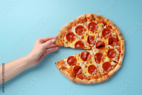Baked italian snack Pizza:Hand reaching for a slice of pepperoni pizza, the rest of the pizza resting on a blue surface.