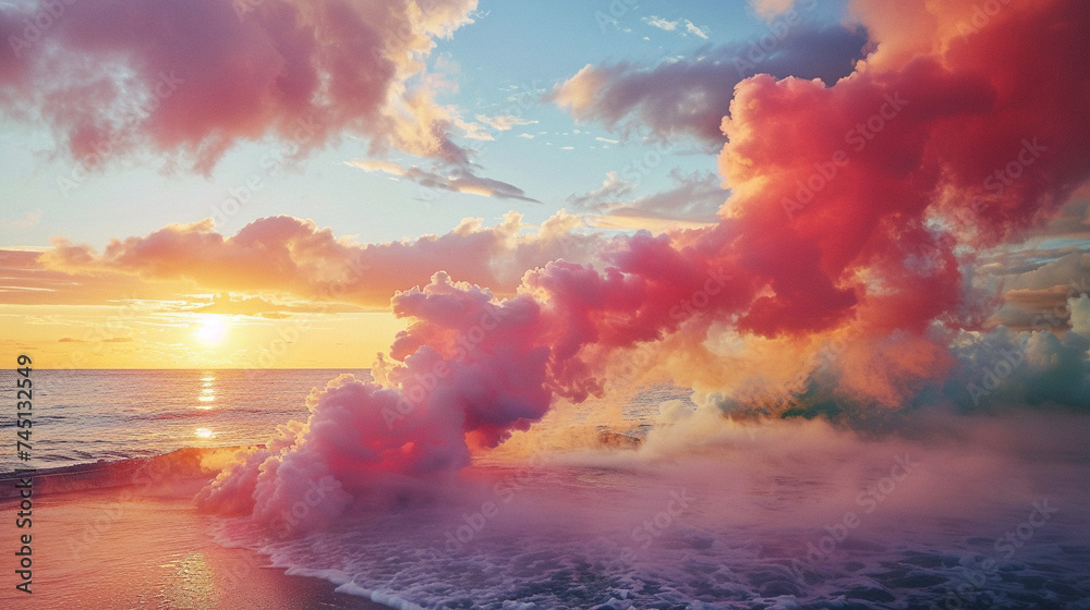 Sunset on the beach with color smoke blending into the sky a dreamlike fusion of natural and artificial beauty - obrazy, fototapety, plakaty 