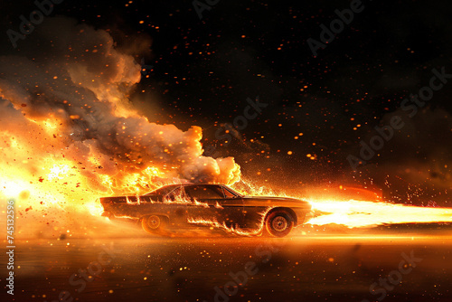 Dramatic muscle car engulfed in flames and sparks on a dark background symbolizing speed and power.