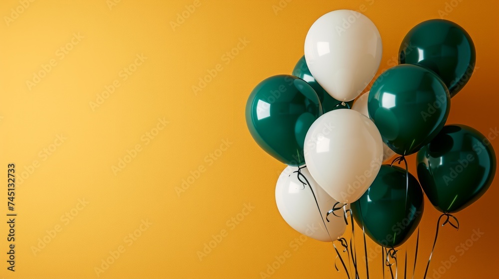 A lively celebration: white and green and red-pink helium balloons glitter on a red background. Suitable for birthdays, New Years, parties, weddings, Valentine's Day and celebration occasions.