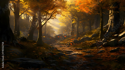 A peaceful clearing bathed in the warm glow of the setting sun, where the forest floor is carpeted with a mosaic of fallen leaves, forming a breathtaking tapestry of colors and textures