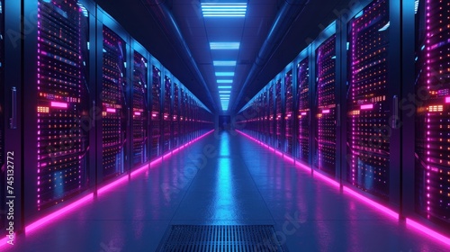 Neon-Lit Data Center Aisle with Server Racks