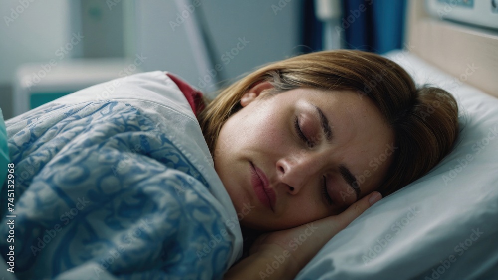 Sick Woman Sleeping on a Bed in the Hospital Sick Woman Sleeping on a Bed in the Hospital