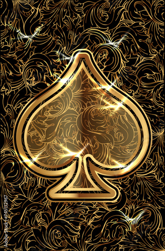 Spades ace poker golden playing cards, vector illustration