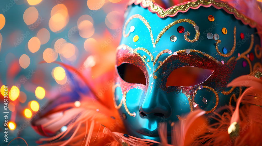 Sparkling Venetian Mask in Blue with Red Feathers and Bokeh Background