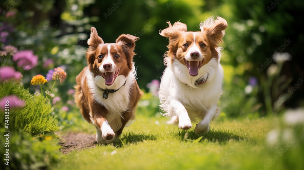 two dogs running around in the garden with their long ears flipping, tongs hanging out - obrazy, fototapety, plakaty 