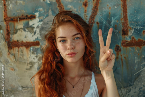 beautiful young woman making a victory sign