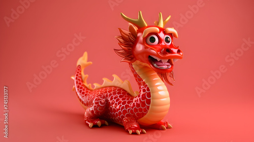 Cheerful Red Chinese Dragon Cartoon on Red Background