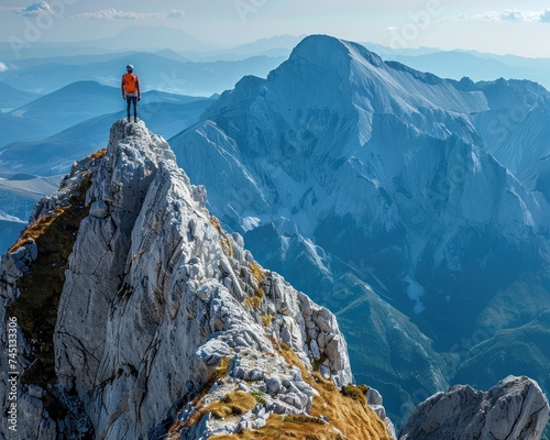 hiker stands triumphantly on the summit, soaking in the breathtaking panoramic view of the surrounding landscape