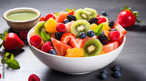 A fresh fruit salad with a variety of colorful fruits  on white