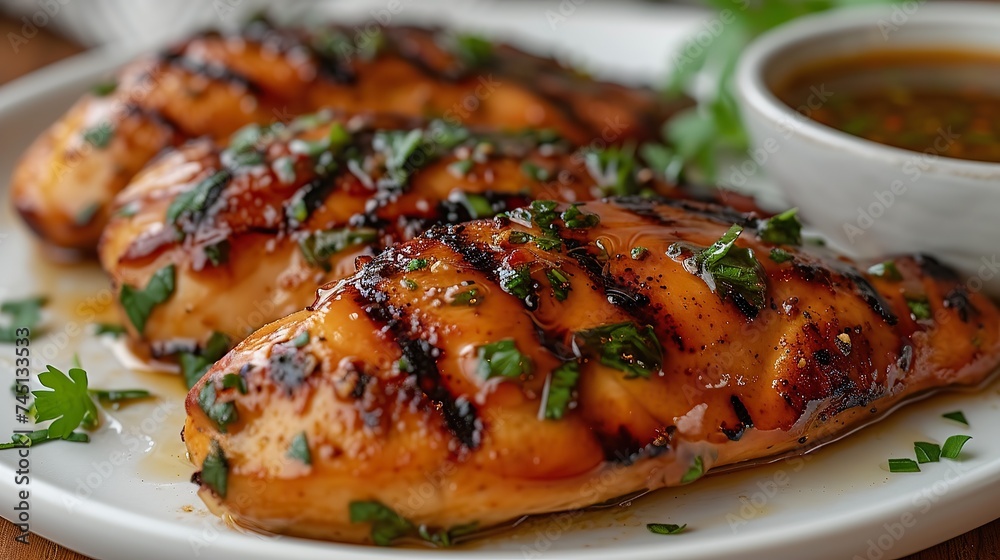 3 pieces of chicken tenderloin on the white plate with a dish of vinegar sauce on the side.