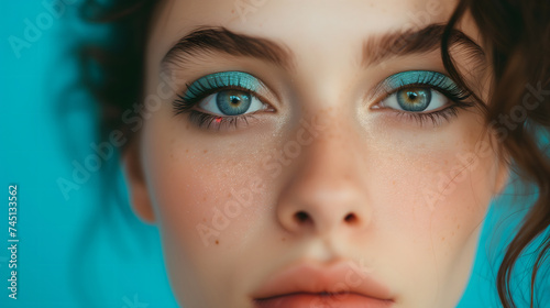 Intense Gaze: Woman with Blue Eyeshadow and Freckles