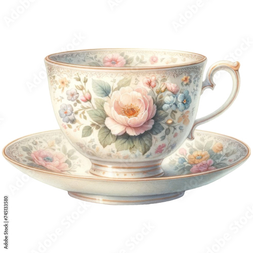 Antique Floral Tea Cup with Matching Saucer Set
