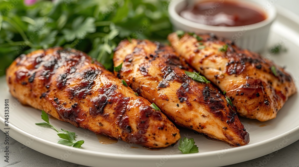 3 pieces of chicken tenderloin on the white plate with a dish of vinegar sauce on the side. 3 pieces of chicken tenderloin on the white plate with a dish of vinegar sauce on the side.
