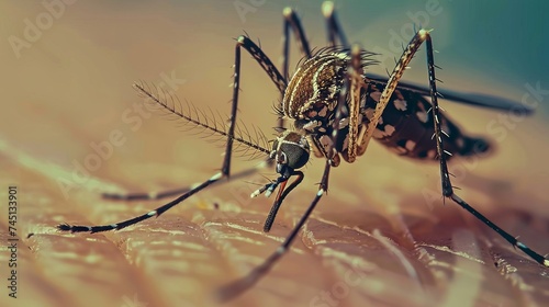 Detailed insect close-up, featuring a mosquito against a bluured backdrop.  concept Mosquito-borne disease, Medicines against bites, Allergy, © Natalya