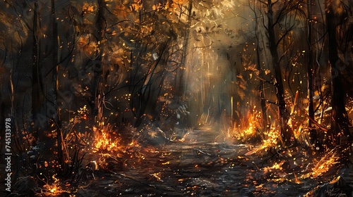 Fiery blaze spreading through a forest at twilight, smoke and embers creating a dramatic scene.
