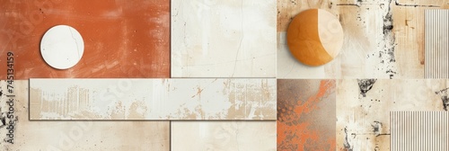 Collage of textured wall surfaces in orange, brouwn peach fuzz colors. Samples of wall textures of various colors. Construction materials, renovation. photo