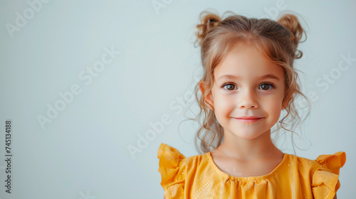 portrait of a cute little girl in a yellow dress on a white isolated background