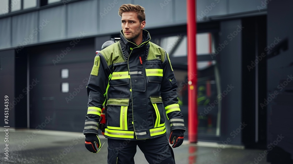 Obraz premium firefighter in uniform standing confidently in front of a fire station, day time. Concept firefighters on the workplace, safety, security