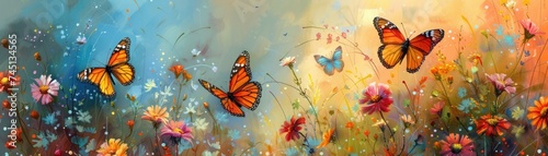 nature's canvas, butterflies flutter gracefully among the blossoms, their delicate wings a mesmerizing spectacle against the backdrop of a summer meadow photo