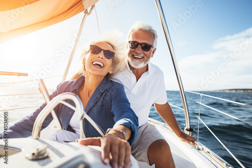 Obraz na płótnie Senior couple on a yacht enjoying retirement w salonie