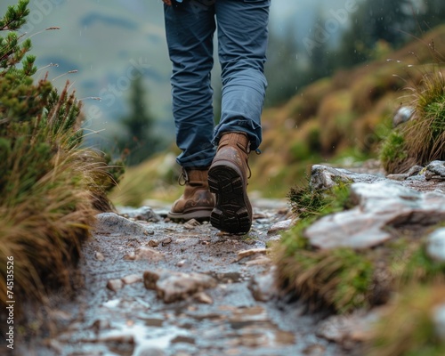 person hiking, a traveler is immersed in the breathtaking beauty of nature, traversing through rugged terrain and winding paths with sturdy boots © Thares2020