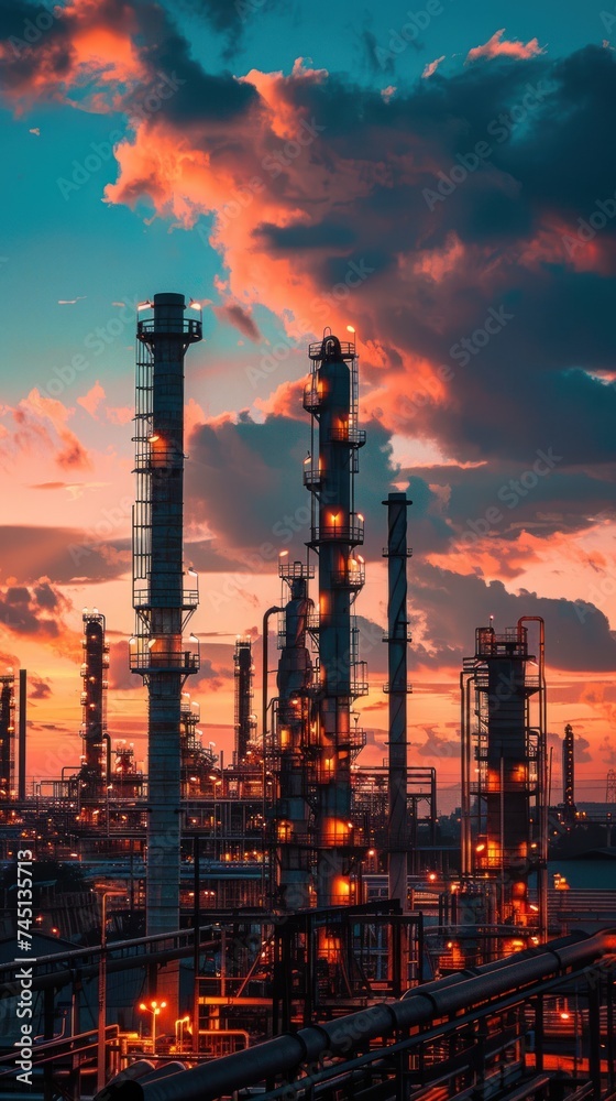 backdrop of the night sky, the sprawling silhouette of an industrial factory emerges, its towering chimneys piercing the twilight with plumes of smoke and steam backdrop of the night sky, the sprawling silhouette of an industrial factory emerges, its towering chimneys piercing the twilight with plumes of smoke and steam