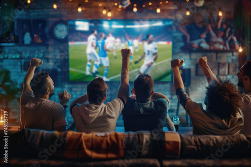 Group of Football Fans Watching a Live Match Broadcast in a Sports Pub on TV, support their favorite team photo