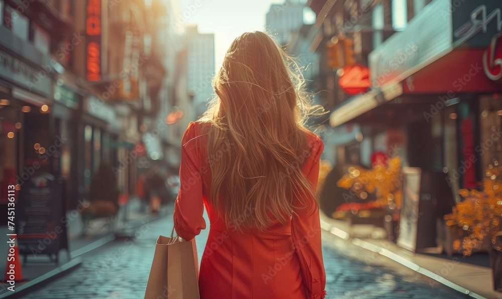 A beautiful young woman wearing a red slim dress and holding shopping bags is walking in the streets of New York - obrazy, fototapety, plakaty 