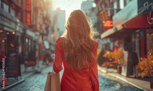 A beautiful young woman wearing a red slim dress and holding shopping bags is walking in the streets of New York photo