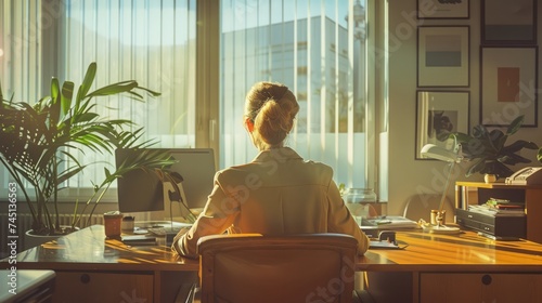 Businesswoman Contemplating in Office at Sunset with City View, Professional Modern Workplace Aesthetic