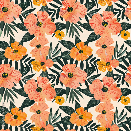 orange hibiscus tropical flowers and leaves seamless repeating pattern tile