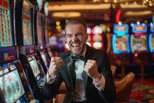 a happy gambler win money in casino playing at slot machines © Kien