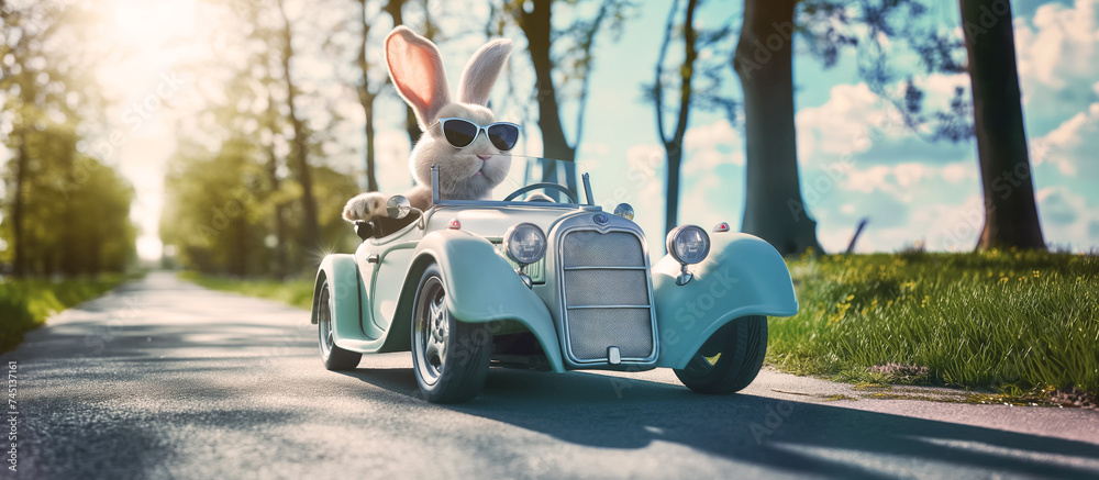 Easter Bunny in Sunglasses Driving Classic Roadster on Country Lane - obrazy, fototapety, plakaty 