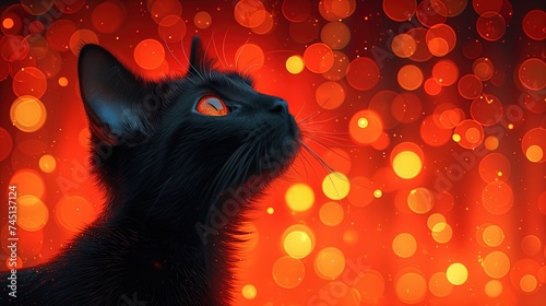 Czarny młody kot patrzy w górę na copy space w imprezowym pomarańczowym tle.