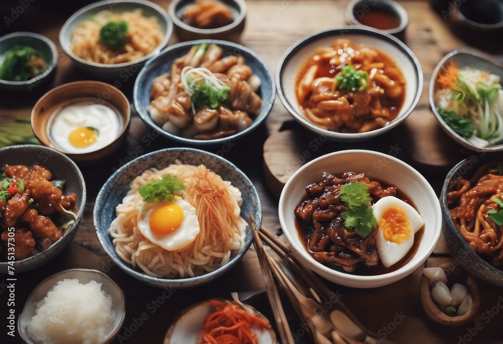 Selection of Korean Asian food in bowls on wooden background Selection of Korean Asian food in bowls on wooden background