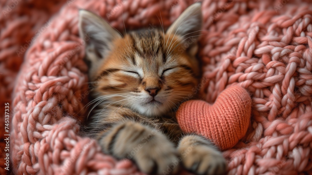 Różowy koc jest miejscem na którym kociak śpi bezpiecznie z serduszkiem na drutach - obrazy, fototapety, plakaty 