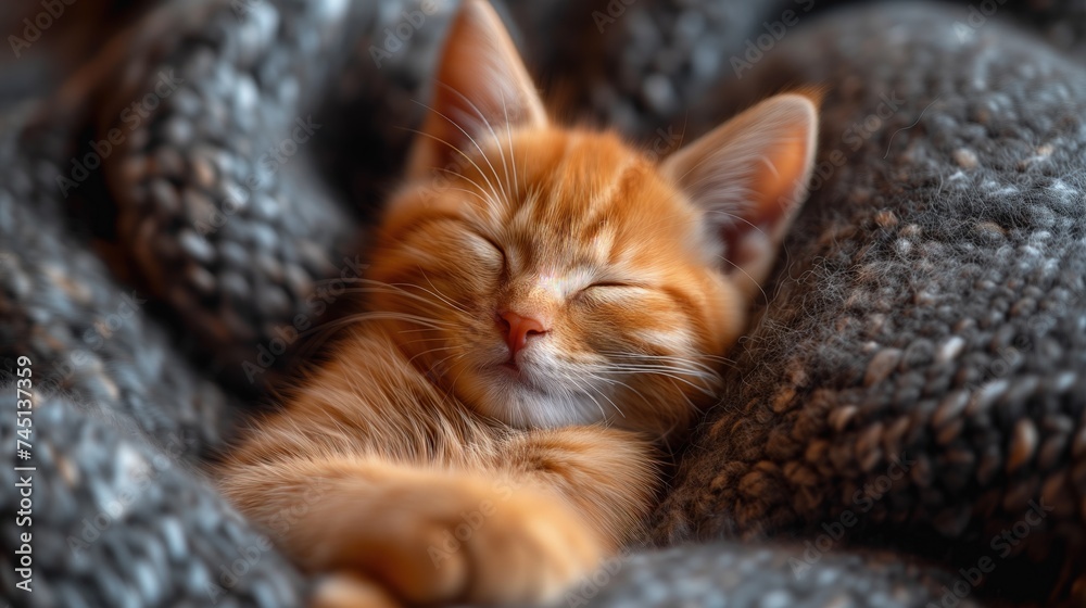 Mały pomarańczowy kociak śpiący na wierzchu kołdry. - obrazy, fototapety, plakaty 